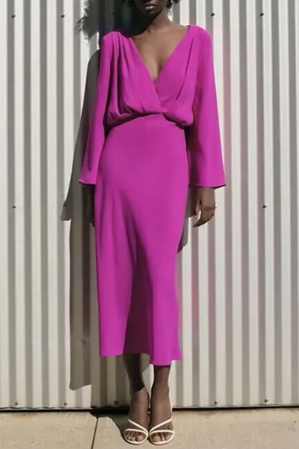 長袖レトロウエストVネックワンピース