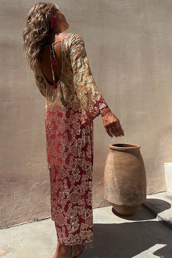 サマーゴールド花柄グラデーション長袖ドレス