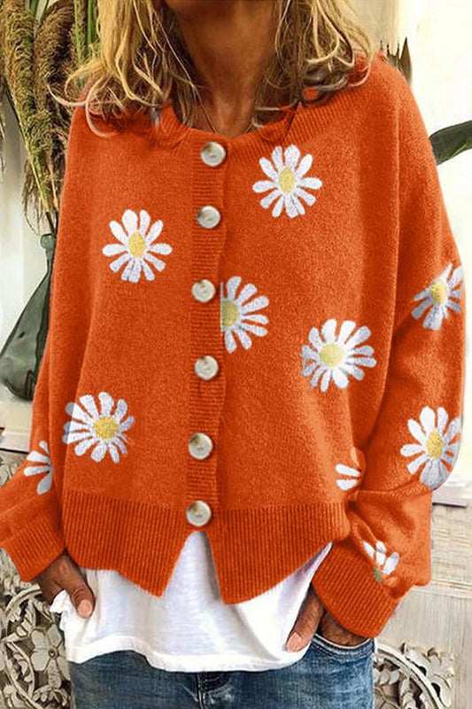 ラウンドネック花柄刺繍ニットセーターカーディガン