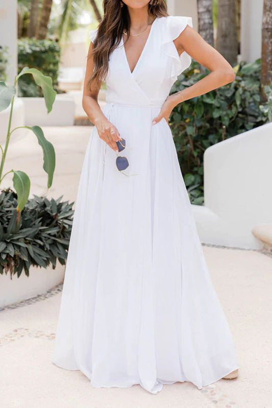 セクシーなVネックウッドイヤースリーブソリッドカラードレス