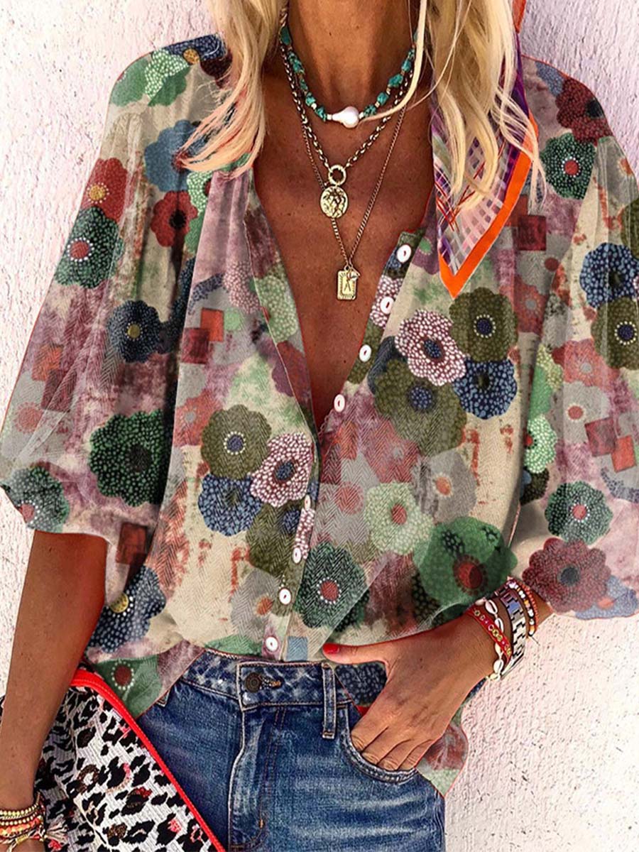 スタンドカラープリントシャツ