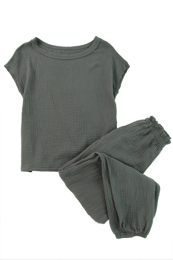 グレー シワ加工テクスチャー T シャツ & ジョガー パンツ セット