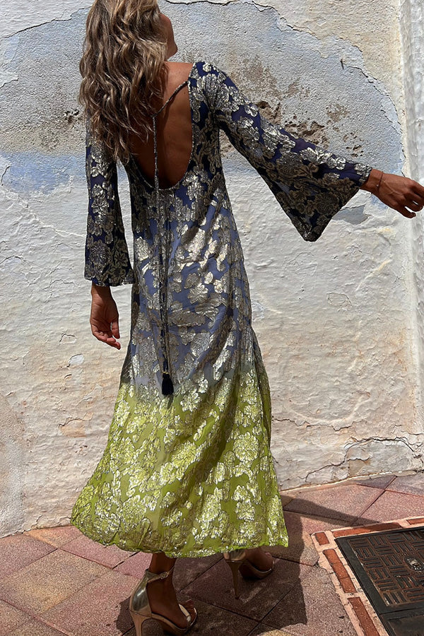 サマーゴールド花柄グラデーション長袖ドレス