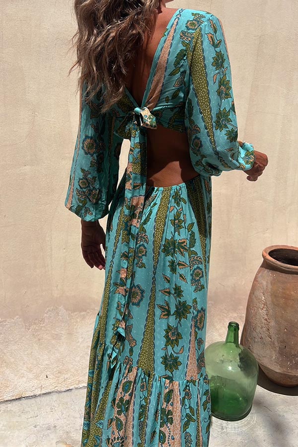 森の女神 Vネック長袖ウエスト両面露出ワンピース