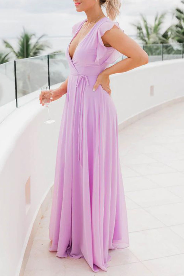 セクシーなVネックウッドイヤースリーブソリッドカラードレス