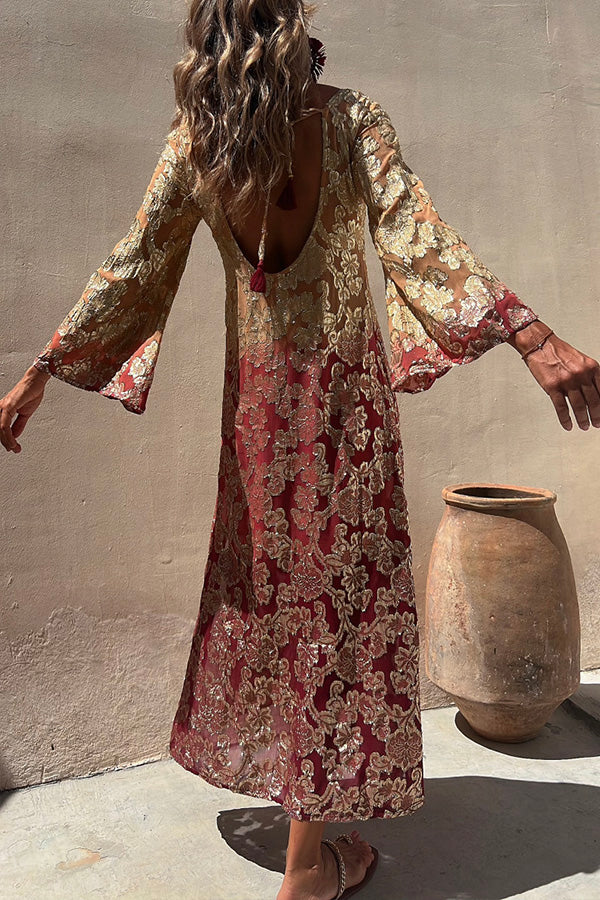 サマーゴールド花柄グラデーション長袖ドレス