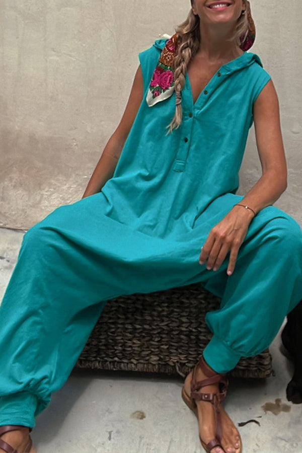 Let's Chill ポケット付きハーフボタンフード付きルーズジャンプスーツ