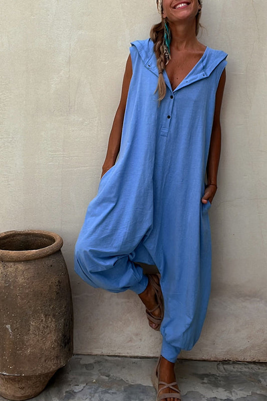 Let's Chill ポケット付きハーフボタンフード付きルーズジャンプスーツ