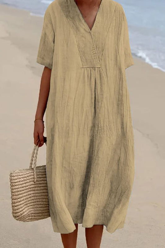 ゆったり半袖ソリッドVネックワンピース