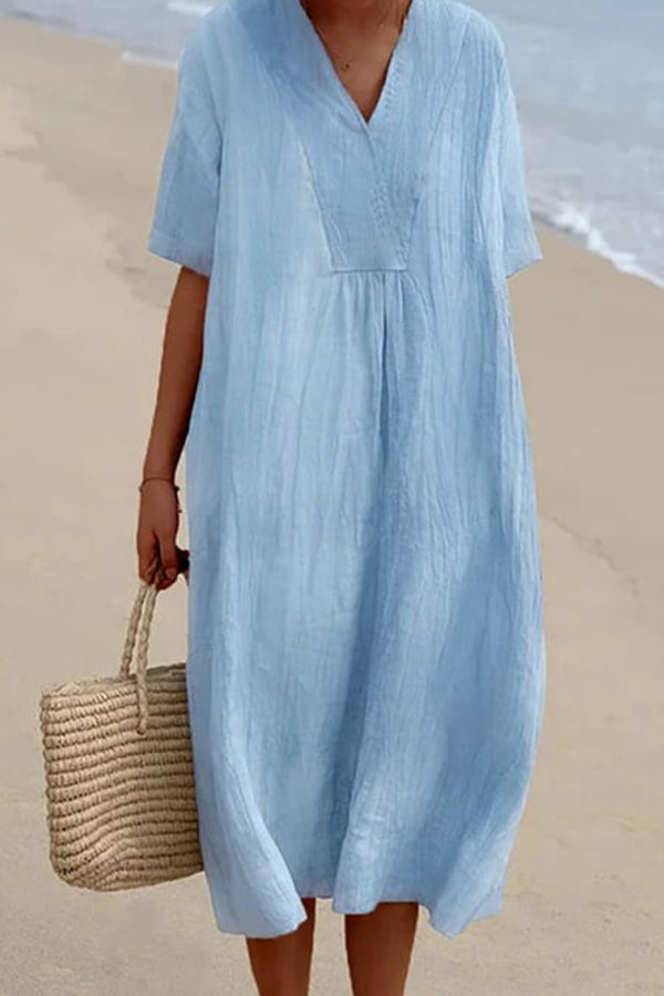 ゆったり半袖ソリッドVネックワンピース