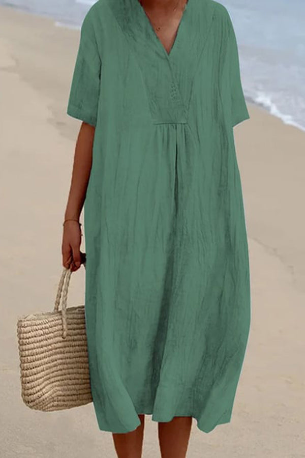 ゆったり半袖ソリッドVネックワンピース