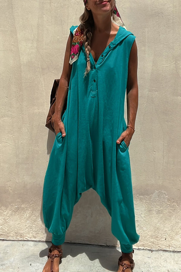 Let's Chill ポケット付きハーフボタンフード付きルーズジャンプスーツ