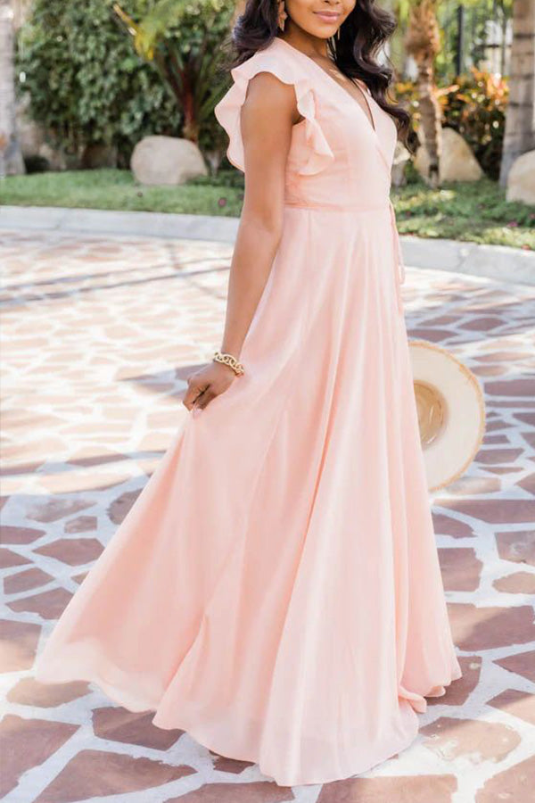 セクシーなVネックウッドイヤースリーブソリッドカラードレス