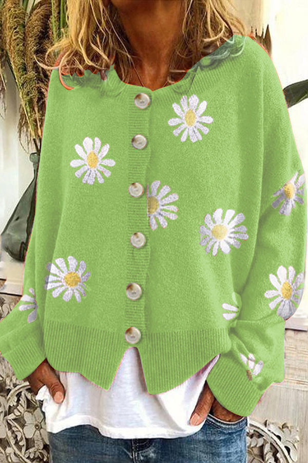 ラウンドネック花柄刺繍ニットセーターカーディガン
