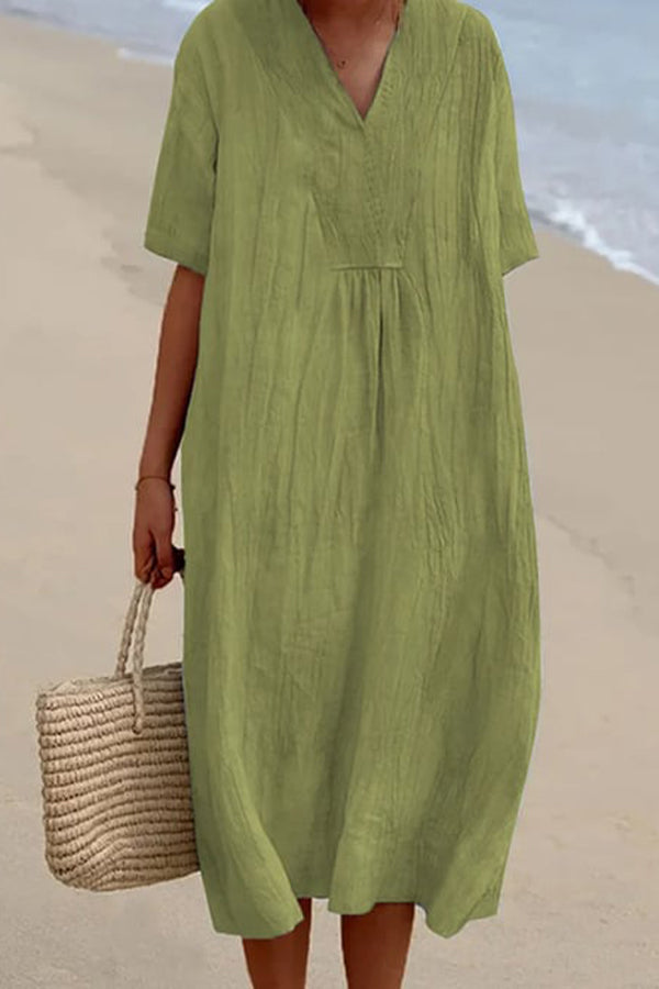 ゆったり半袖ソリッドVネックワンピース