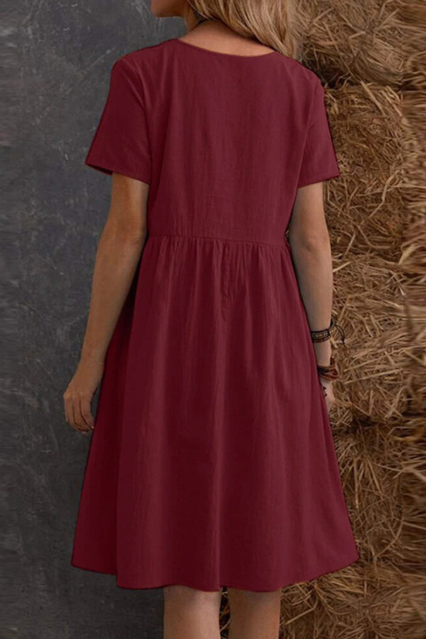 ルーズポケットソリッドカラーラウンドネック半袖ドレス
