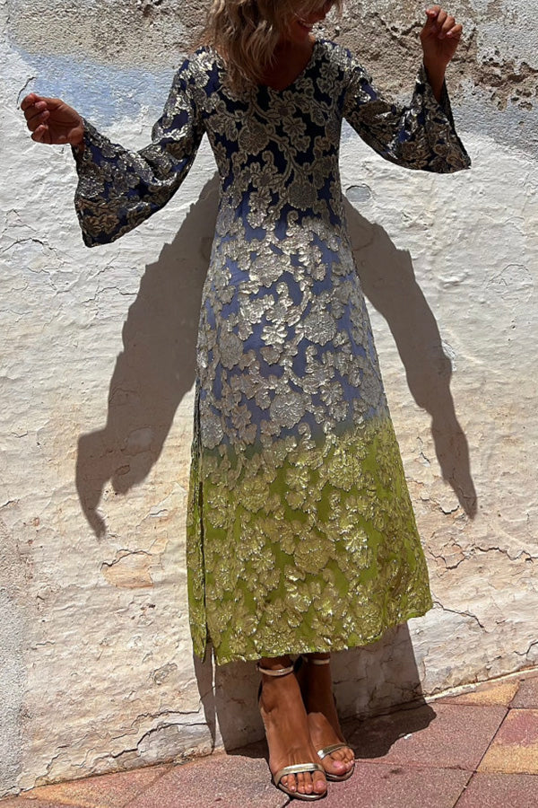 サマーゴールド花柄グラデーション長袖ドレス