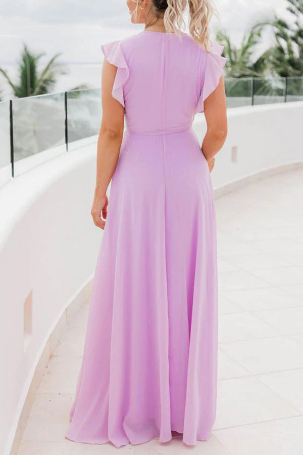 セクシーなVネックウッドイヤースリーブソリッドカラードレス