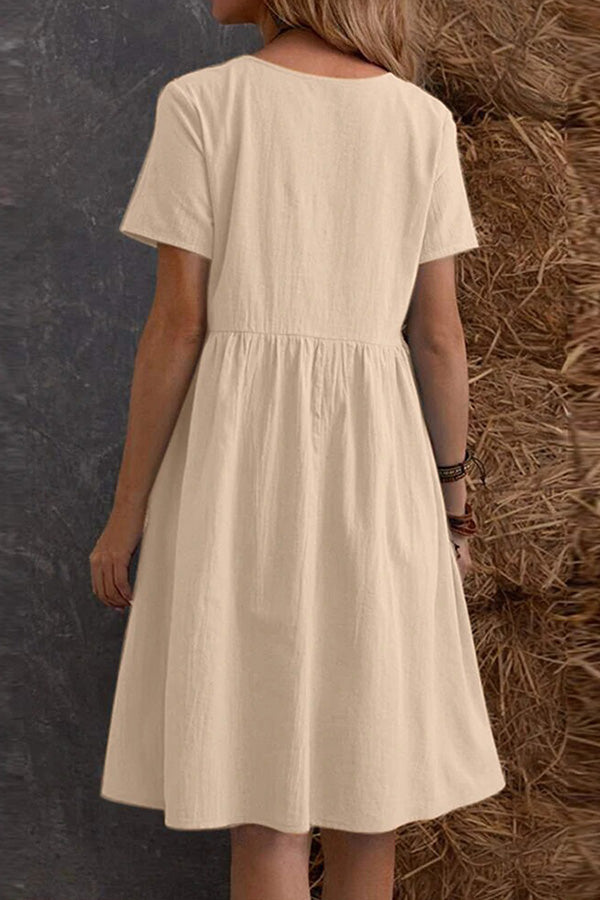ルーズポケットソリッドカラーラウンドネック半袖ドレス