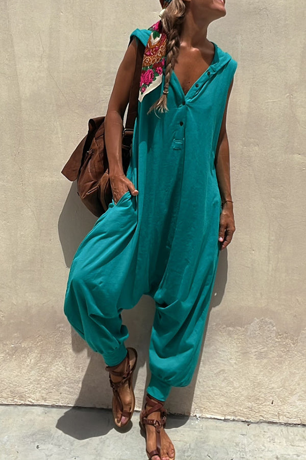 Let's Chill ポケット付きハーフボタンフード付きルーズジャンプスーツ