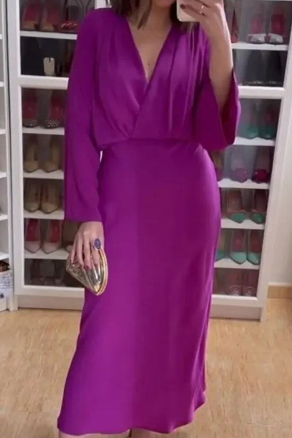 長袖レトロウエストVネックワンピース