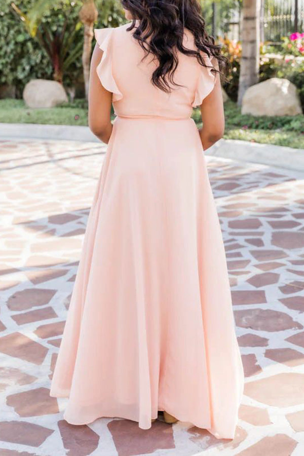 セクシーなVネックウッドイヤースリーブソリッドカラードレス