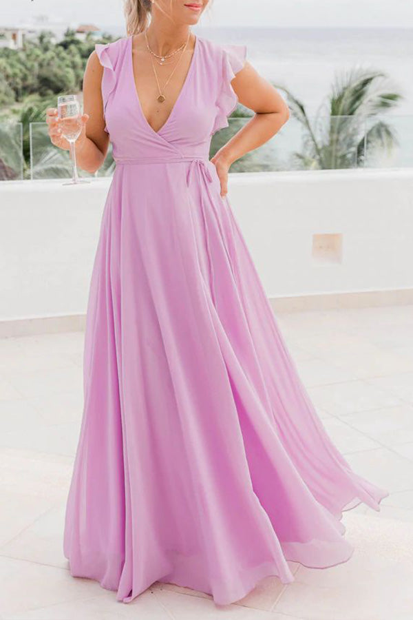 セクシーなVネックウッドイヤースリーブソリッドカラードレス