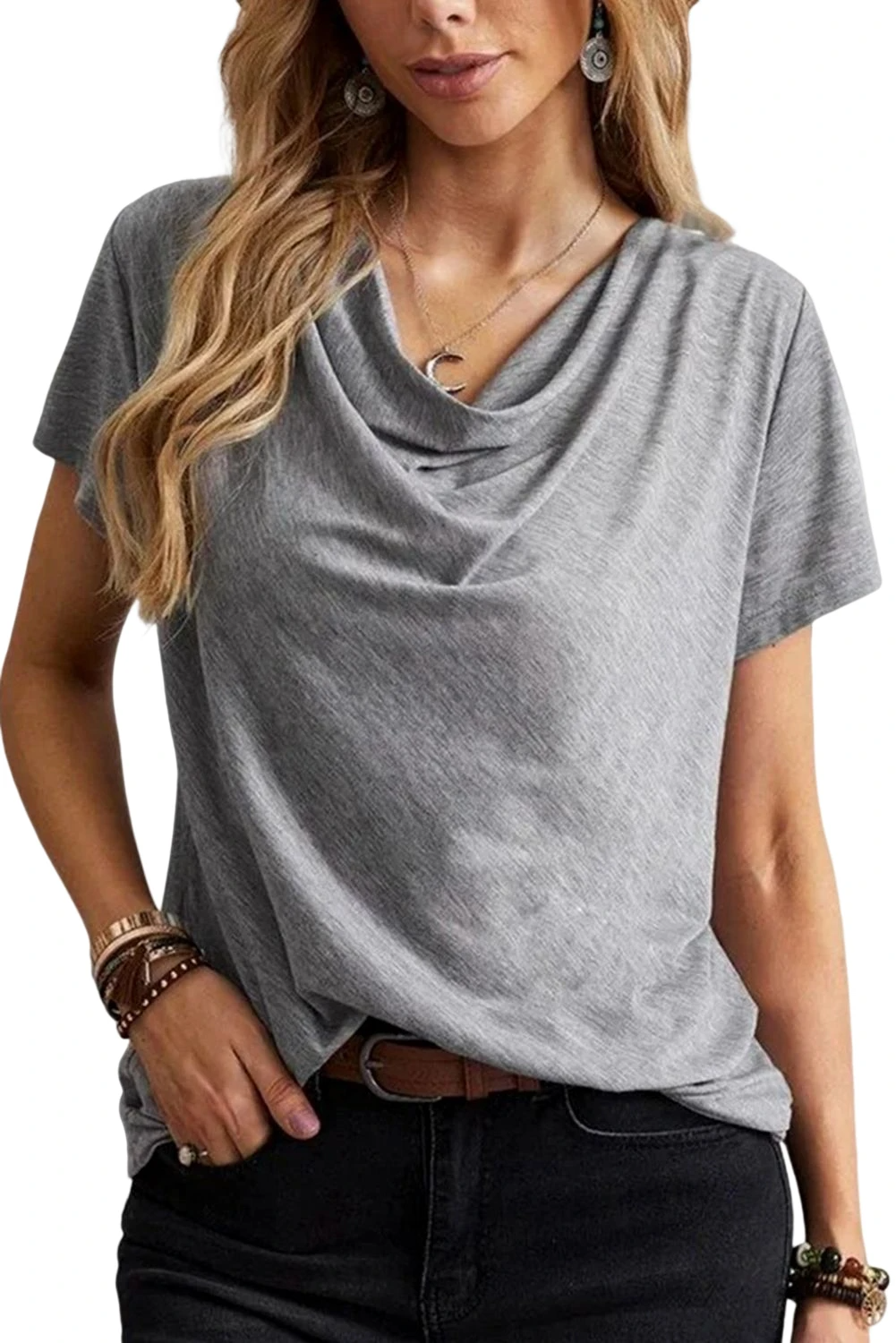 グレー プレーン ドレープ 半袖 カジュアル T シャツ