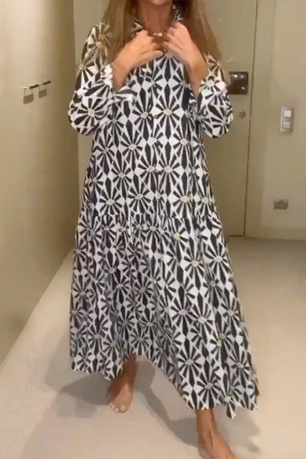 プリント長袖ルーズVネックマキシドレス