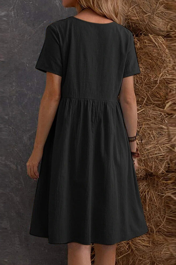 ルーズポケットソリッドカラーラウンドネック半袖ドレス