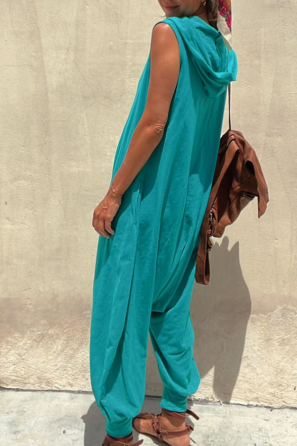 Let's Chill ポケット付きハーフボタンフード付きルーズジャンプスーツ