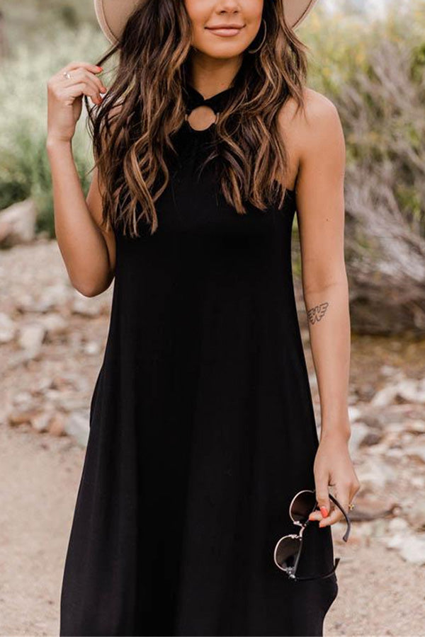 オフショルダー カジュアル コンフォート ホルターネック ロング ポケット ドレス