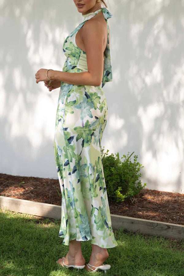 スパイスガール ハイネック気質エレガントなスリットプリントドレスロングスカート