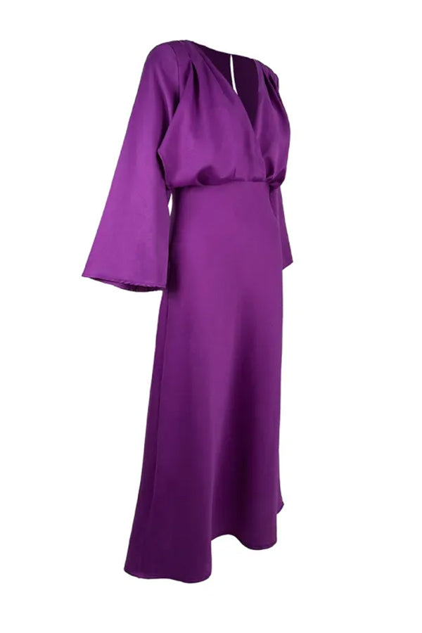 長袖レトロウエストVネックワンピース