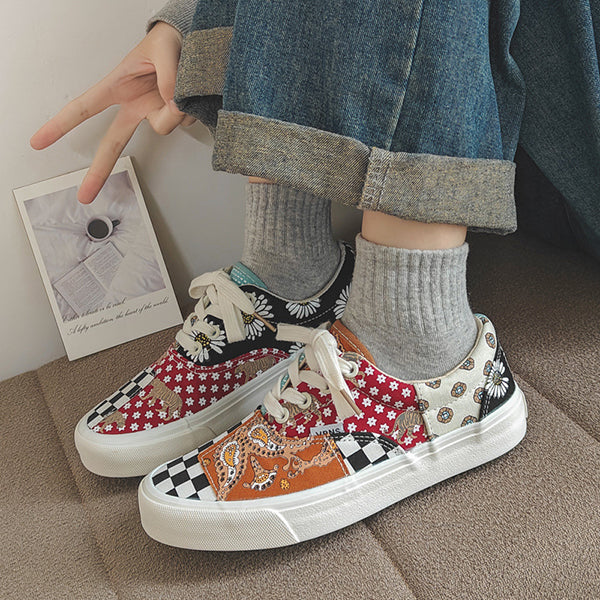 Last Day 50% OFF-Women Casual Canvas Patchwork Low Top Sneakers