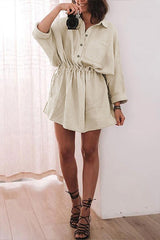 Beige Cotton Solid Color Buttoned Closure Long Sleeve Casual Dress