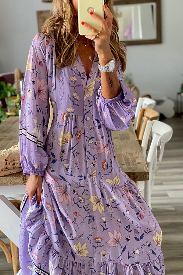 Lavender Flavor Printed Long Sleeve Button A-line Maxi Dress