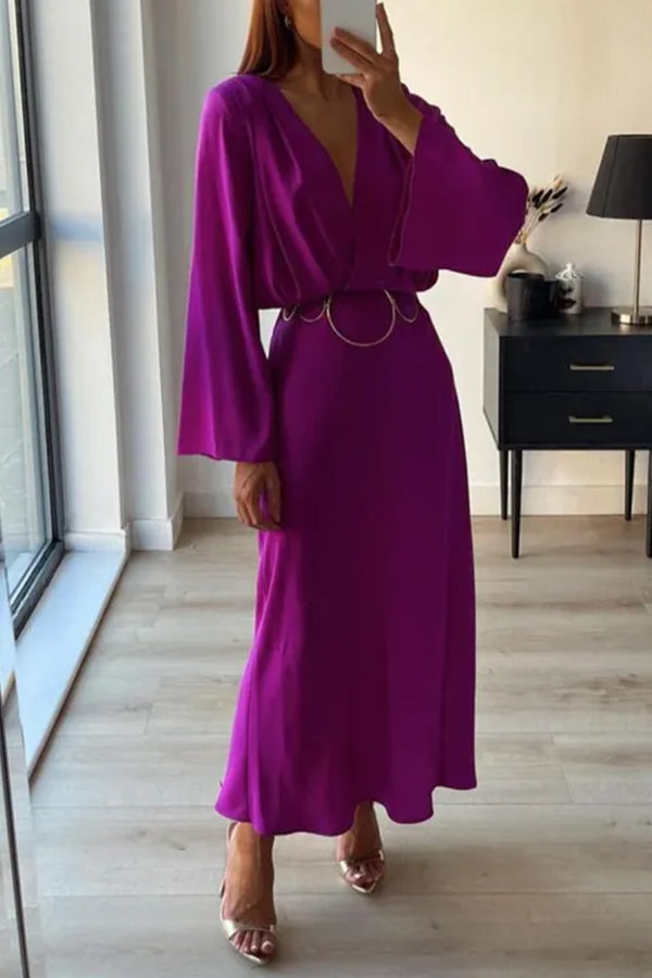 Long-sleeved Retro Waist V-neck Dress