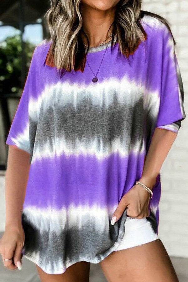 Tie-dye Printed Round Neck Dolman Sleeve Short Sleeve Oversized Top