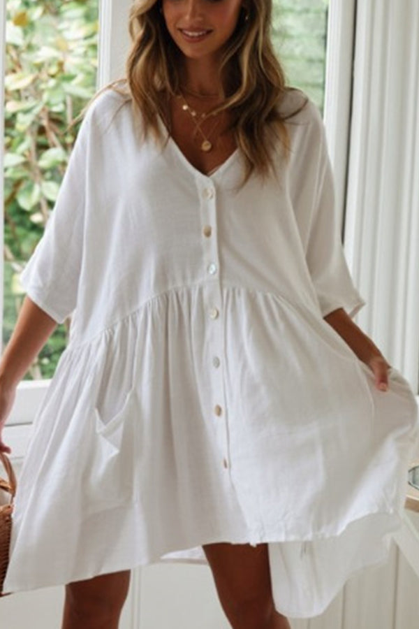 Loose-button cotton slub beach cover-up