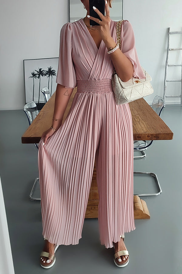 Delightful Day Smocked Waiset Pleated Wide Leg Jumpsuit