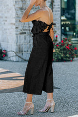 Plain Backless Ruffled Strapless Wide Leg Jumpsuit