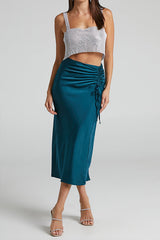 High-waist slimming zip-ruched satin skirt