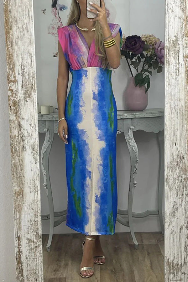 Abstract V-neck tie-dye print slim dress