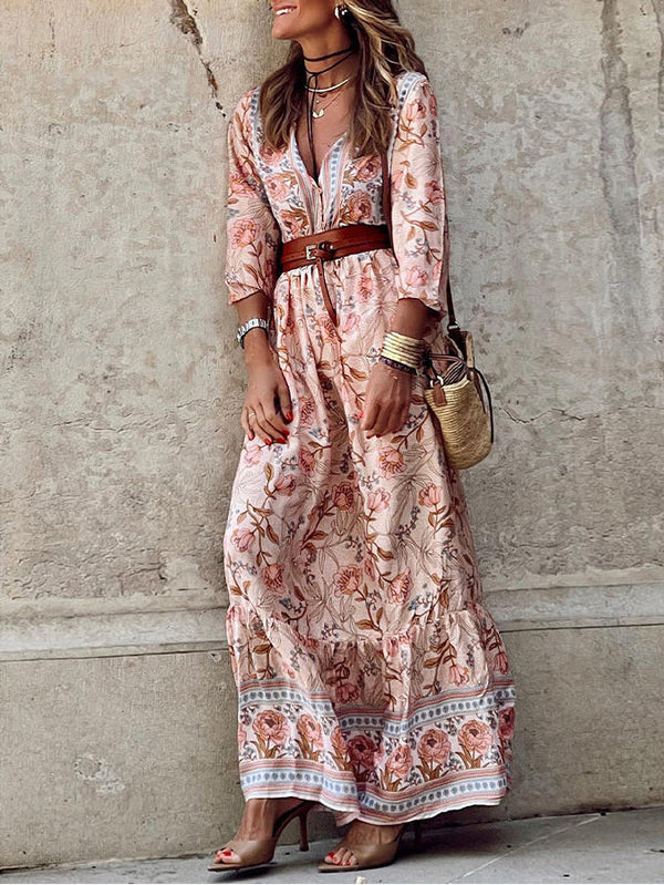 Pink Sexy Bohemian Floral V Neck Ruffle Maxi Dress