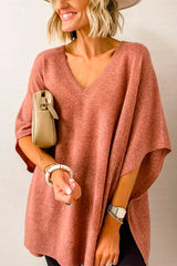 V Neck Loose Fit Solid Poncho Sweater