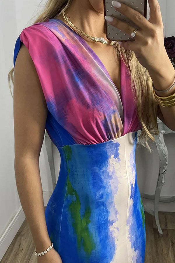 Abstract V-neck tie-dye print slim dress