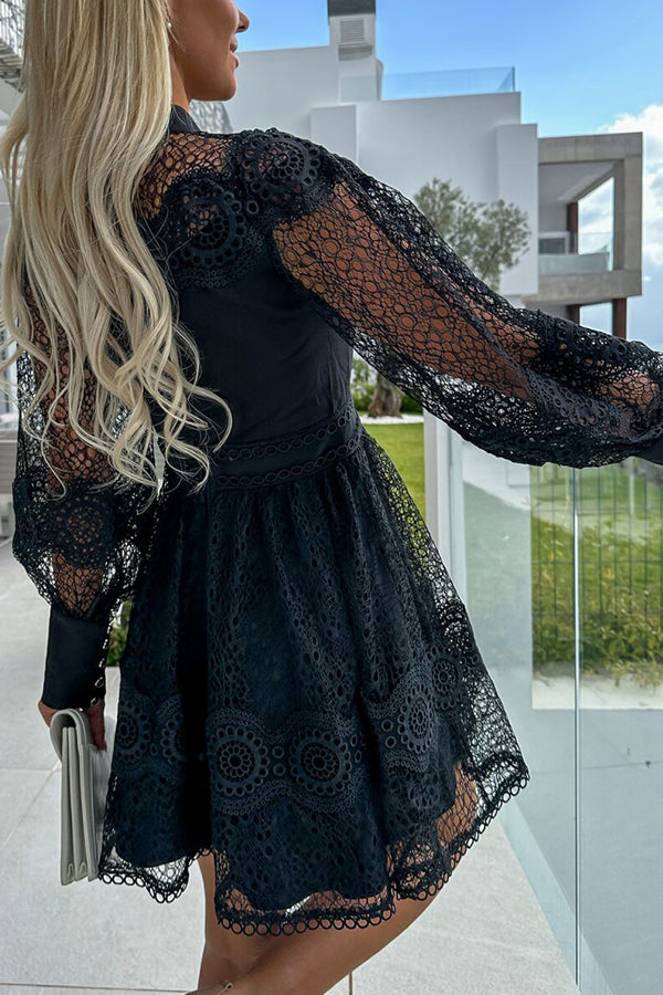 Peak Party Vibes Crochet Lace Lantern Sleeve Formal Mini Dress