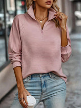 Pink Plain V-Neck Long Sleeve Top