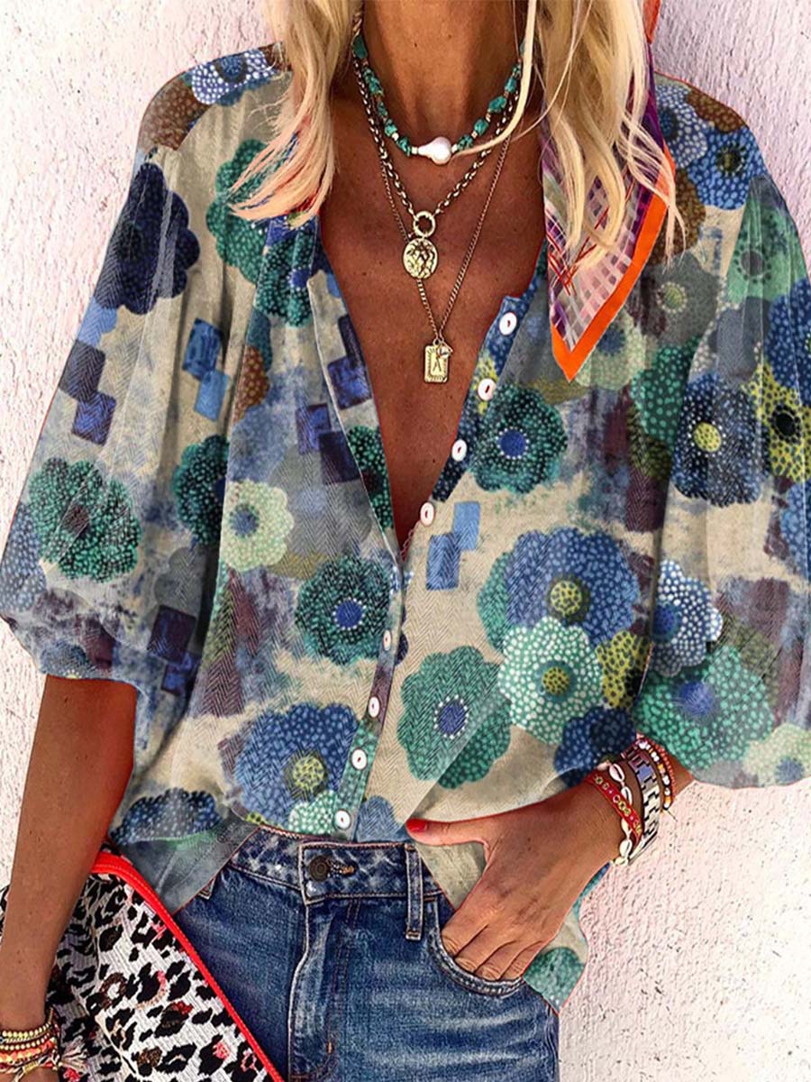 スタンドカラープリントシャツ